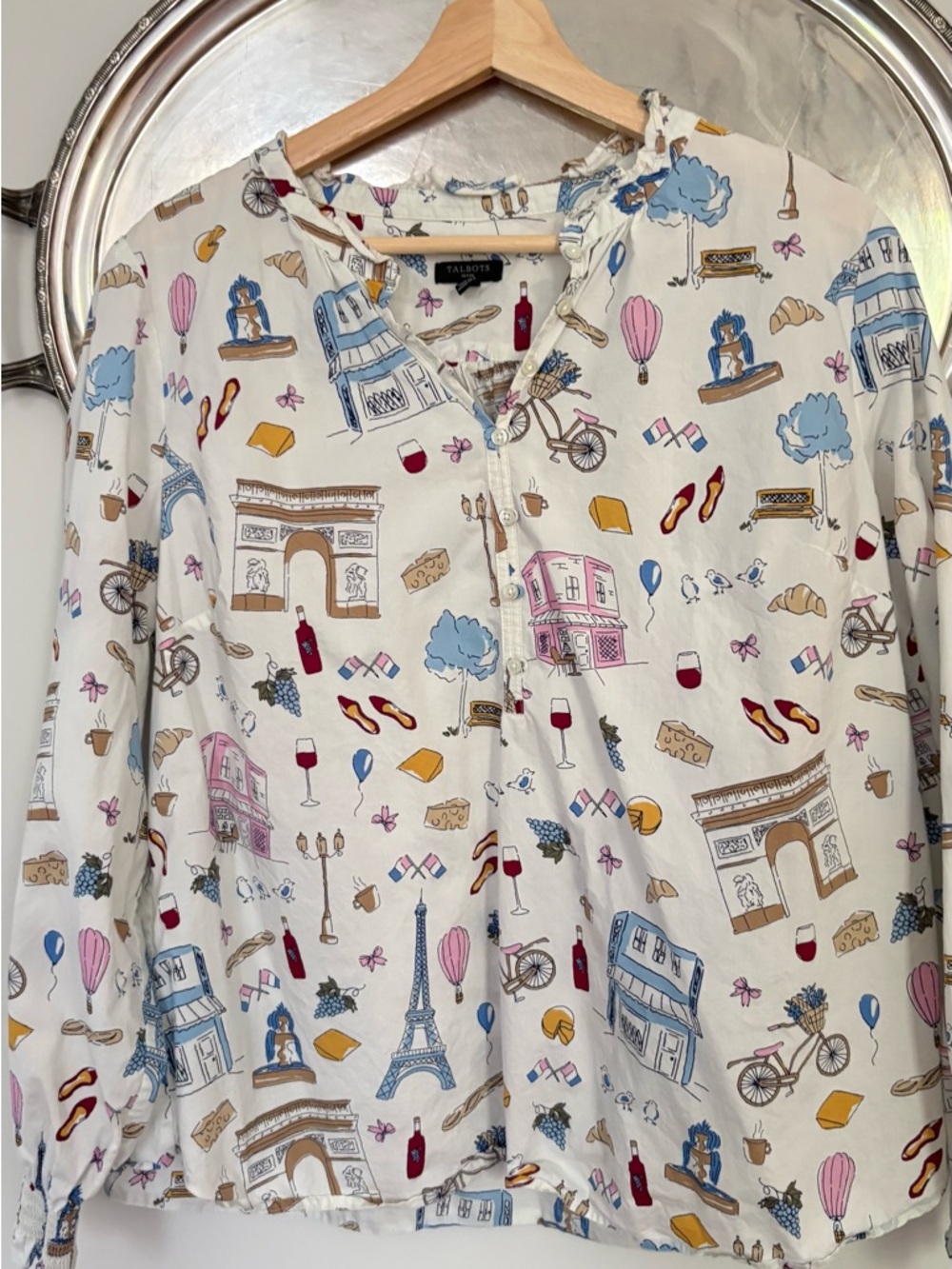 Talbots Petite Cream Button-Front Top with Multicolor Paris Print